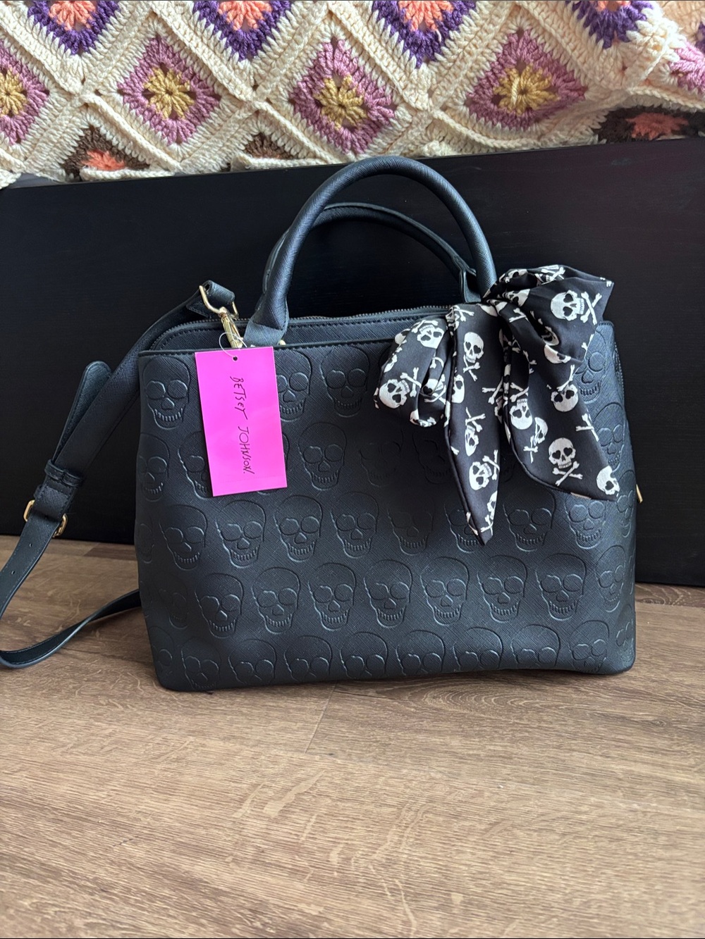 Betsey Johnson Skull Embossed black satchel
